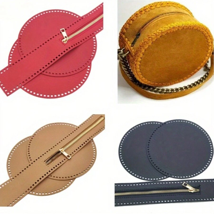 Juego de 3 piezas de accesorios para bolsas hechos a mano: 2 piezas de bases de PU, 1 pieza de cremallera para artesanía de bolso de crochet tipo cubo DIY - Multicolor - Ver 1