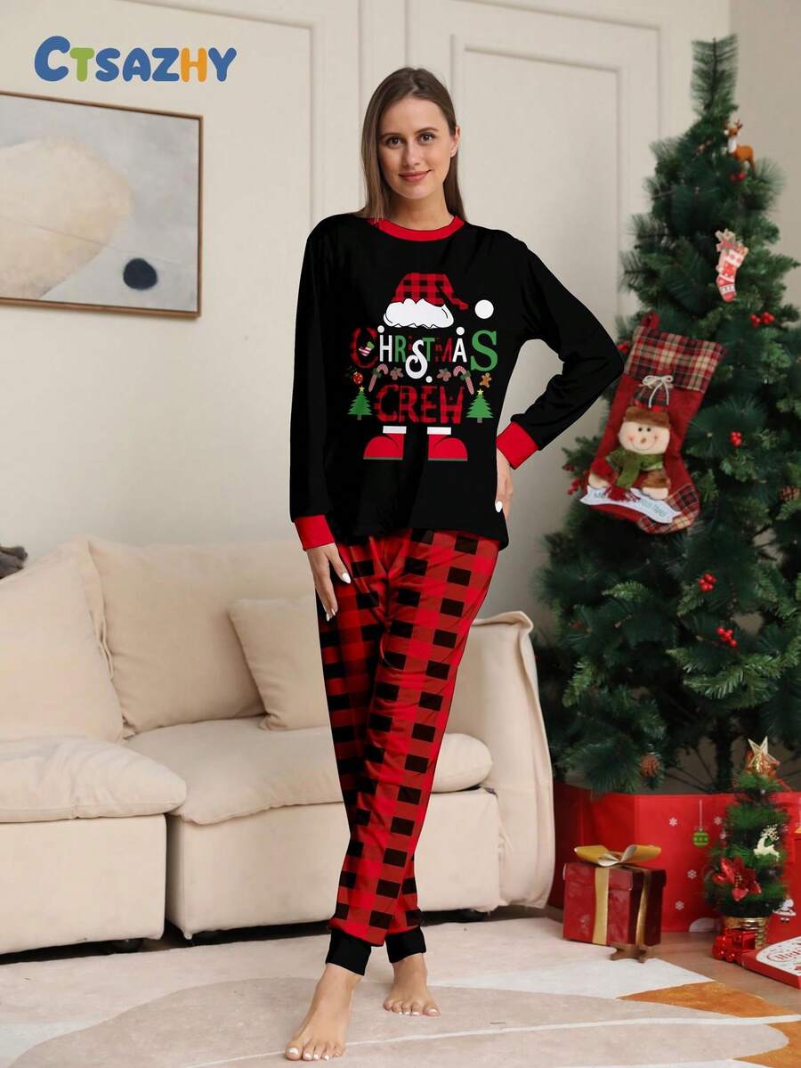 Conjunto de Navidad y Año Nuevo con estampado gráfico de letras, blusa de manga larga negra y pantalones a cuadros rojos y negros, pijama de Navidad, conjunto de ropa de estar por casa de 2 piezas para otoño/invierno, ropa de otoño - Negro - Ver 1
