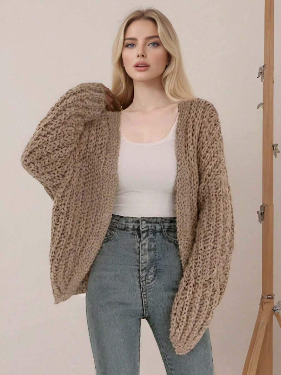 Women's Casual Solid Cardigan, Off Shoulder Cardigan, Batwing Sleeve Cardigan, Batwing Sleeve Ribbed Knit Cardigan - 卡其色 - 查看 1