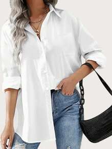 Women's Oversized Button-Up Blouse, Drop Shoulder, Boyfriend Style Formal Shirt With Pockets, Long Sleeve - White - View 1