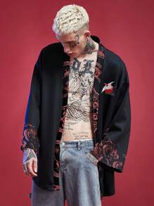 Áo khoác cardigan tay lửng dáng rộng in hình chim hạc kiểu Trung Quốc dành cho nam, thích hợp cho phong cách đường phố và dự tiệc, cỡ lớn, chống gió. - màu đen - Xem 2