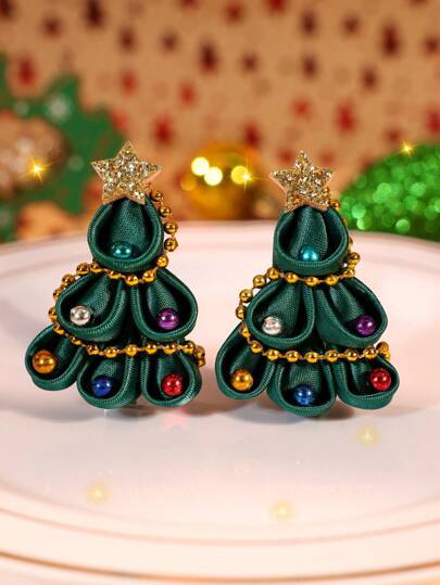 2 件装绿色、红色和粉色圣诞树发夹，适合女孩，布珠闪光发夹，适合幼儿，鳄鱼夹，新年儿童发饰，节日礼物