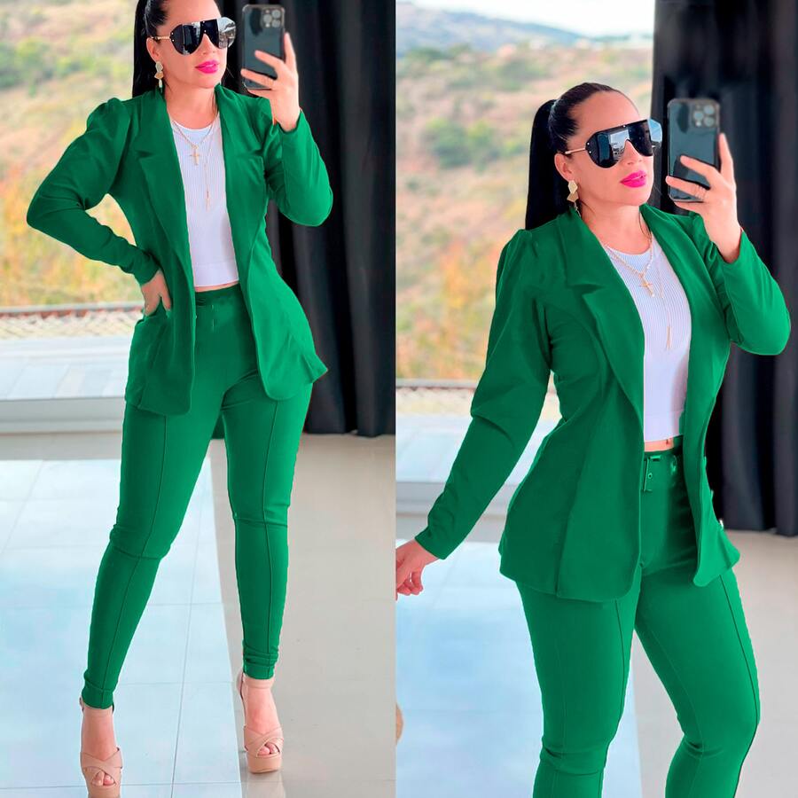 Conjunto femenino 3 piezas blazer pantalón y top - Verde - Ver 1