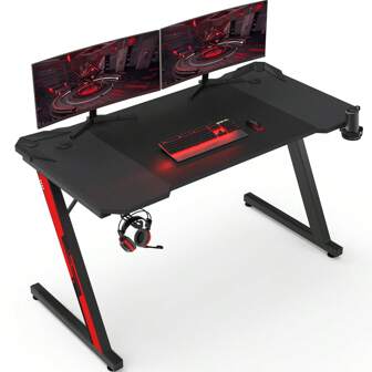 HOMALL Gaming Desk, Carbon Fibre Covered Computer Desk, Gamer Workstation With Headphone Hook, Cup Holder And Gamepad Storage Rack