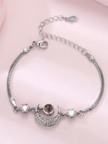 1 chiếc vòng tay đính đá hình mặt trăng, Vòng tay thời trang hình mặt trăng lãng mạn cá nhân hóa I Love You bằng 100 ngôn ngữ, Quà tặng cho bạn gái - Màu Bạc Cổ - Xem 4