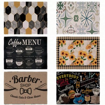 1/4pcs Geometric Nordic Style Coffee Sunflower Barber Pattern Linen Placemats, Kitchen Table Mats, Home Kitchen Accessories, Party Restaurant Decor