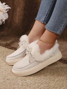 新款时尚厚底防水毛绒内衬复古情侣踝靴秋冬季 - 米色 - 查看 4