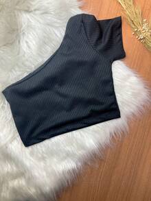3D Ribbed Cropped Top With Single Sleeve, Thick, Stylish, High Quality - màu đen - Xem 2