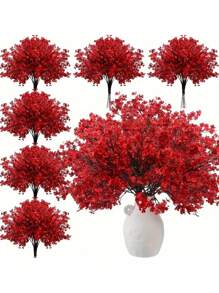 4 件圣诞家居花卉，红色满天星仿真花，仿真石膏花束，仿真丝绸植物装饰，适用于家居、婚礼、感恩节、圣诞节、情人节派对、餐桌装饰 - 紅色 - 查看 5
