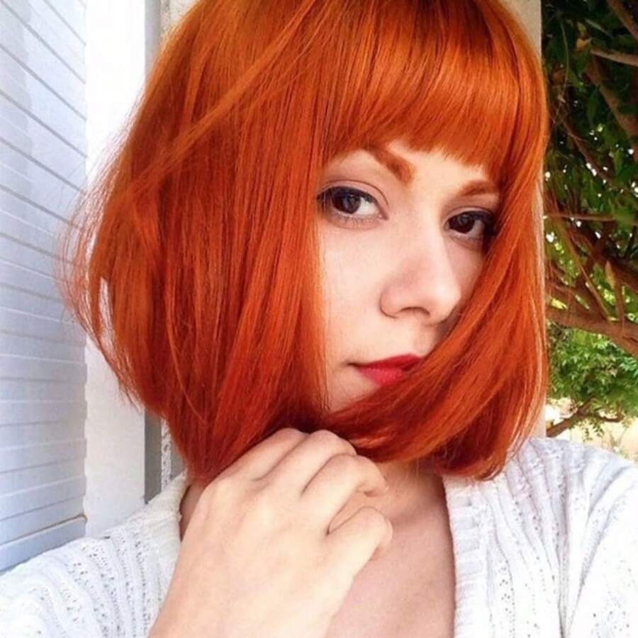 FASHION IDOL Bob Human Hair Wig With Bangs For Women Short Straight Hair 8 Inch Wine Red Glueless Machine Made Short Bob Wigs - S ORANGE - View 1