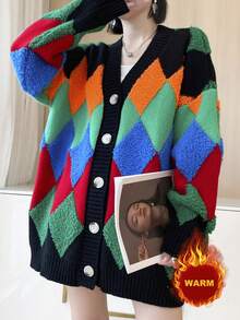 Argyle Plaid Drop Shoulder Oversized Cardigan - Black - View 1