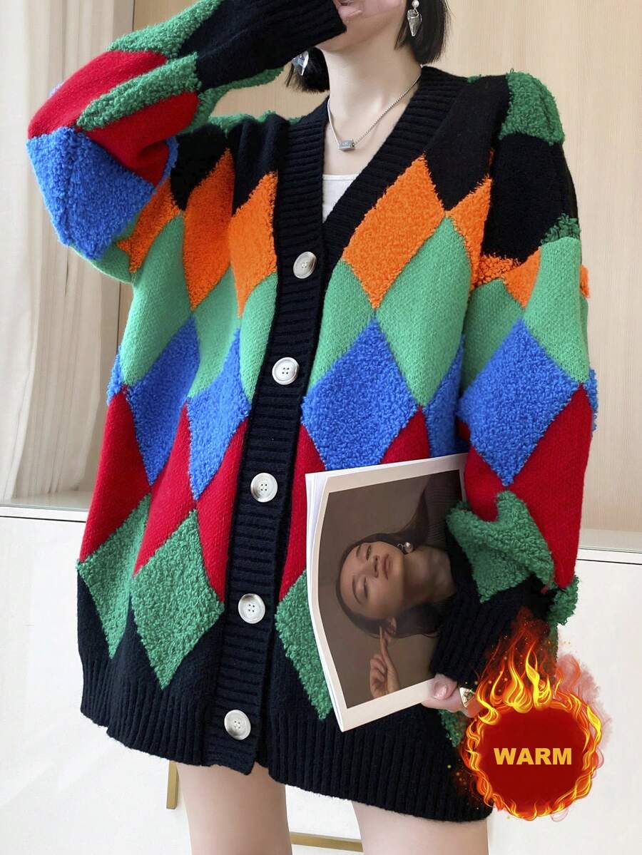 Argyle Plaid Drop Shoulder Oversized Cardigan - Black - View 1