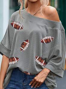 Blouse avec manches chauve-souris à cordonnet, encolure bateau avec motif rugby pailleté