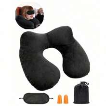 Juego de 3 piezas: antifaz para ojos, tapones para los oídos, almohada de viaje inflable y compacta con cuello anti-ruido y anti-brillo, reposacabezas ergonómico con funda de terciopelo suave y lavable para camping, viaje, avión, tren, coche, oficina - Negro - Ver 12