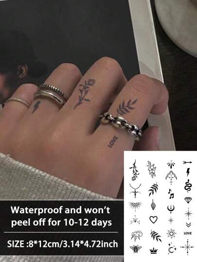 1 件小图案临时纹身防水防汗持续 1-2 周逼真草本汁不反光防摩擦仿黑色假纹身男女纹身贴纸适用于手臂、胸部、腰部、背部、腹部、腿部、颈部、手指、耳朵现代人体艺术
