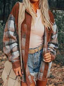 Boho Retro Vintage  90's  Plaid Corduroy Button Patchwork Pocket Loose  Oversized Shacket Cardigan Shirt - 肉桂 - 查看 2