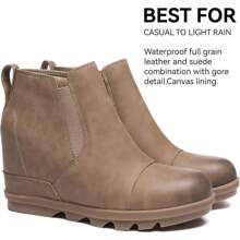 Athlefit Women's Leather Wedge Ankle Boots Stylish Comfort Slip-On Waterproof Leather Platform Booties - Màu Khaki - Xem 3