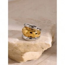 Uworld 1 件 18k 镀金不锈钢金色和银色拼色三层凸起罗纹拼色戒指女士时尚高品质珠宝