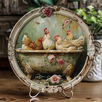 1 件鸡主题花环标牌（8x8 英寸），圆形浴室金属装饰标牌，适用于家庭、咖啡厅、公寓、餐厅、客厅墙壁装饰、节日礼物，随机方向（上/下/左/右）孔样式、家居装饰、房间装饰、墙壁装饰