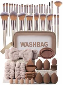 55PCS Makeup Tools Set Including:1pc Multi-Functional Zipper Toiletry And Cosmetic Bag Waterproof+30pcs Makeup Brush Sets+5PCS Makeup Sponge+5PCS Mini Makeup Sponges+5PCS Triangle Powder Puffs+5PCS Mini Air Cushion Powder Puffs+1pc Hairband+2PCS Hand Bowl Strap+1pc Makeup Brush Cleaning Tools - Multicolor - View 1