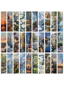 1pack/30pcs Landscape Painting Style Bookmarks, Elegant Paper Book Marks Gifts, DIY Decor Book Page Clips - Multicolor - View 6