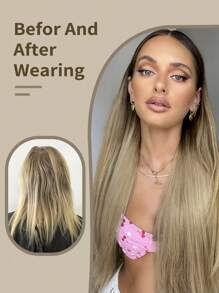 22-Inch Black Brown With Golden Highlights Straight Hair Extensions, Clip-In Synthetic Hair Extensions, Suitable For Women, Golden Voluminous And -Free, Reddish Brown Clip-In Hair Extensions, Made Of Synthetic Material - Blonde Ombre - View 8