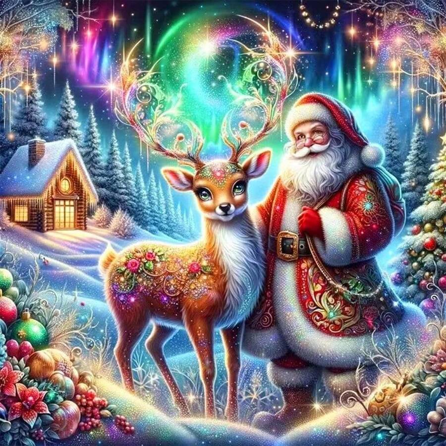 MIN ISO No use 圣诞钻石画艺术套装成人圣诞老人钻石艺术雪人初学者全钻圆形宝石艺术画工艺品家居墙面装饰礼物 - 香檳色 - 查看 1