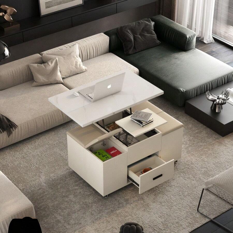 Modern LiftUp Coffee Table With 4 Stools Set For Living Room