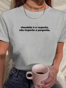 Women's Baby Look T-Shirt Printed Phrases Chocolate Is The Answer Various Colors 100% Cotton - Xám - Xem 1