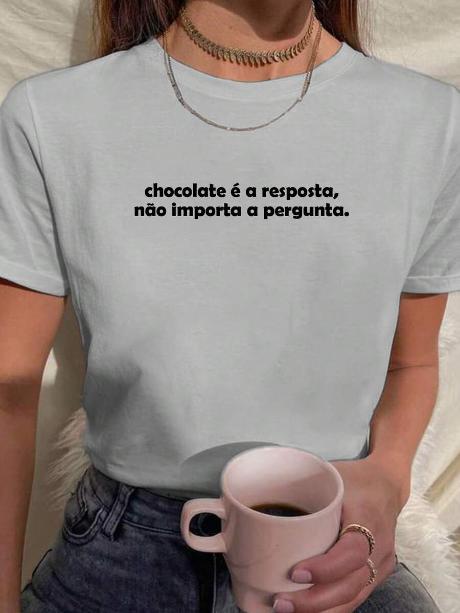 Women's Baby Look T-Shirt Printed Phrases Chocolate Is The Answer Various Colors 100% Cotton - Xám - Xem 1