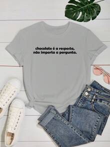Women's Baby Look T-Shirt Printed Phrases Chocolate Is The Answer Various Colors 100% Cotton - Xám - Xem 2