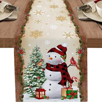 1Pc,Christmas Table Runner,Holiday Dresser Scarves, Snowman Xmas Tree Snowflake Rustic Wood Tablerunner For Kitchen CoffeeDining Bedroom Living Room Dinner Scarf Decor