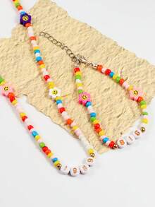 可定制项链 - 随机多种彩色糖果色聚合物粘土笑脸串珠项链和手链套装，可个性化定制姓名、口号、地点、专辑名称、音乐会商品、生日、周年纪念日、送给姐妹、女朋友的礼物 - 彩色 - 查看 3
