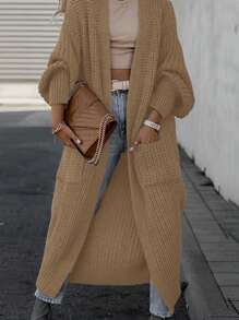 Áo khoác cardigan dài có túi chắp vá cỡ lớn thường ngày cho nữ - Màu Khaki - Xem 1