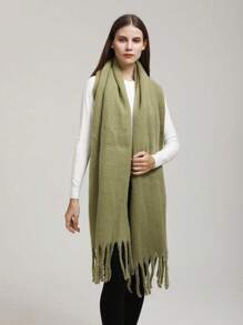 1pc Women New Fluffy Tassel Scarf Warm Comfortable Large Shawl, Outdoor Windproof Cozy, Daily Wear Minimalist Versatile - Army Green - View 3