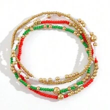4 件/套 14K 镀金玻璃珠圣诞主题手链套装，适合女性，圣诞节、周年纪念、生日、情侣礼物或最好的朋友礼物 - 彩色 - 查看 9
