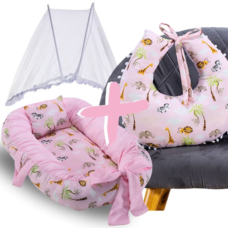 MeF Mae e Filho Baby Crib Reducer Nest Kit + Breastfeeding Pillow + Removable Portable Mosquito Net - 粉紅野生動物園 - 查看 1