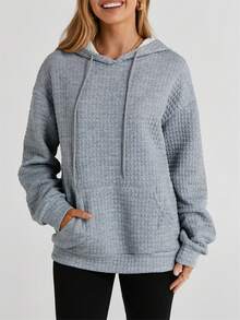 Astylish Women's Quilted Kangaroo Pocket Drawstring Hoodie - Grey - View 4