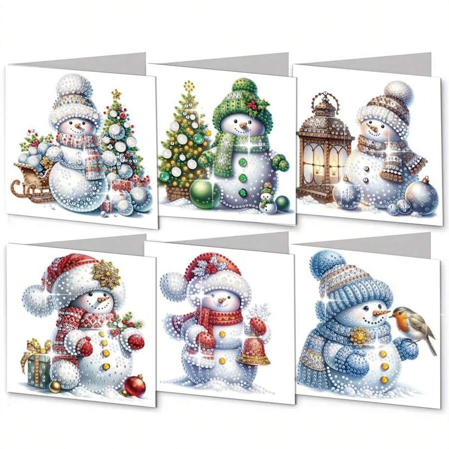 6pcs/Set Diamond Painting Christmas Cards Set - Snowman Design, Asymmetrical Diamond Shape, Handmade Craft Kits For Family & Friends, Unique DIY Gift For Birthday & Holidays