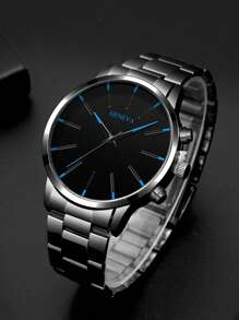 2件套时尚商务男士圆形黑色钢带石英表，搭配锆石钻石手链组合礼盒，适合节日、派对、商务及日常佩戴。 - 黑色 - 查看 3