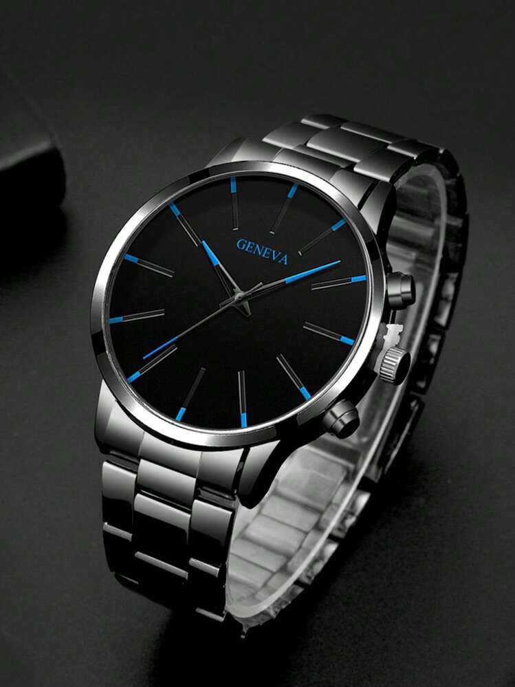 2pcs/Set Fashionable Business Men's Round Black Steel Band Quartz Watch, Paired With Zirconia Diamond Bracelet Combination Gift Set, Suitable For Holidays, Parties, Business And Daily Wear - Black - View 3