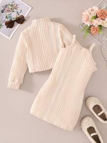 Young Girls 2pcs Set: Turtleneck Letter Embroidery Cropped Fuzzy Ribbed Long Sleeve Top + Solid Elegant Spaghetti Strap Fuzzy Ribbed Dress, Autumn/Spring