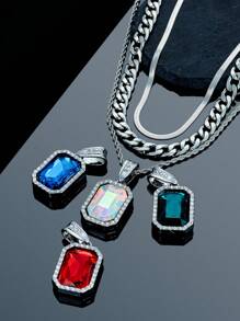 3pcs/Set Men's Necklace Set Including Alloy Inlaid Blue/Red/Green Gem Chain, Snake Chain Necklace, Choker Chain, Rapper Jewelry Gift With Card And Gift Box - Jewelry Set - View 5