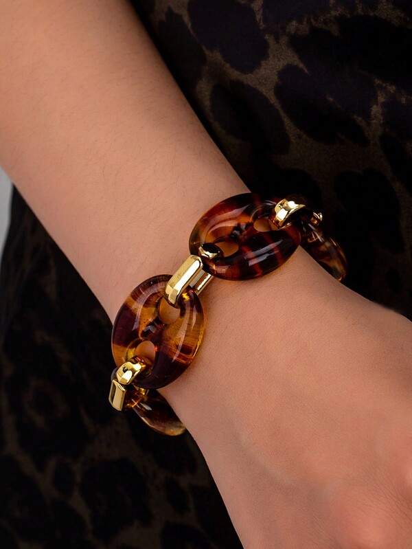 1pc Women Bracelet, New Leopard Pattern Metal Splicing Clasp, European & American Fashion Punk Style, Suitable For Daily Wear & Party Jewelry