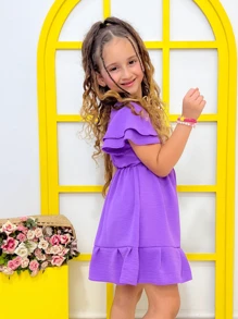 Children's Dress With A Flared Skirt For Graduation Party Christmas New Year With Sleeves, Crepe Dune Fabric, Solid Candy Colors, Borboletinhas Kids - Lilac Purple - View 2