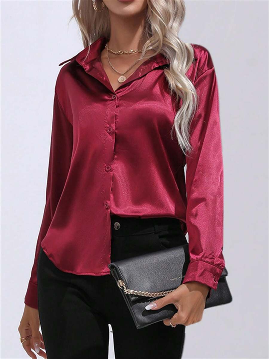 Women Casual Turndown Collar Button Faux Silk Satin Solid Color Long Sleeve Blouse - 酒紅色 - 查看 1
