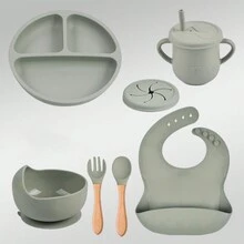 Bộ đồ ăn bằng silicon 6 món cho bé: Bộ đồ ăn cho trẻ mới biết đi có đĩa hút, bát, yếm, nĩa và thìa, cốc có ống hút, an toàn cho trẻ từ 0-3 tuổi - Lý tưởng - Nhiều màu - Xem 1