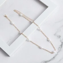 1 件多层珍珠贝壳吊坠项链，波西米亚金色扁平蛇链项链，百搭海滩风格，适合女性