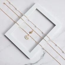 1 件多层珍珠贝壳吊坠项链，波西米亚金色扁平蛇链项链，百搭海滩风格，适合女性