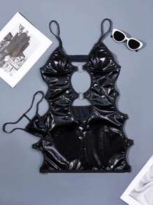 1 bộ đồ liền thân bằng da bóng trơn kiểu đồng phục gợi cảm cho nữ dùng để hóa trang và làm to vòng một nhỏ - màu đen - Xem 6
